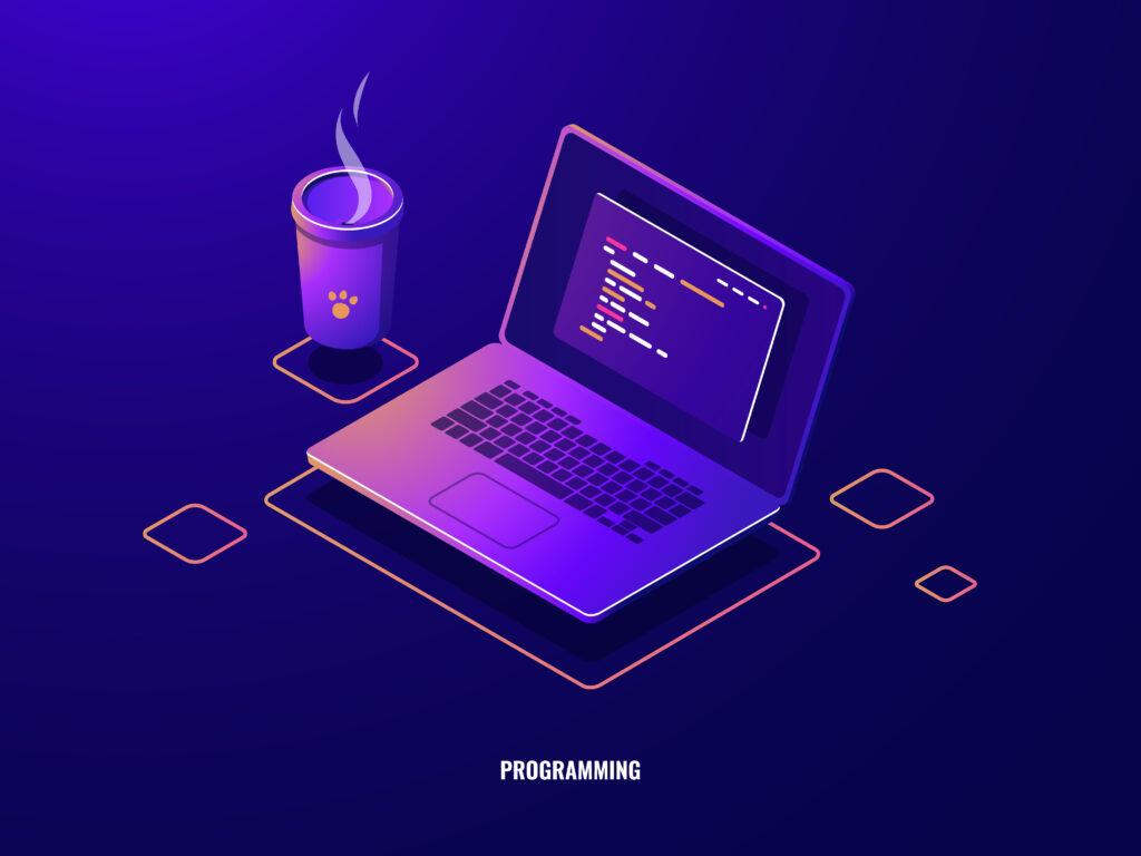 laptop with program code isometric icon, software development and programming applications dark neon